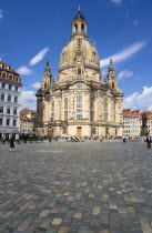 GERMANY, Saxony, Dresden, The restored Baroque church of Frauenkirch and surrounding restored buildings in Neumarkt busy with tourists.