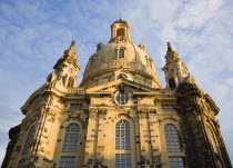 GERMANY, Saxony, Dresden, Detail in evening light of the Baroque Frauenkirche Church of Our Lady dome and belltowers.