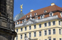GERMANY, Saxony, Dresden, The glass dome of the Academy of Arts built 1891-94 on the Brhl Terrace by Constantin Lipsius in the style of the Neo-Renaissance behind the Baroque entrance to the Coselpalais which is now a restuarant.