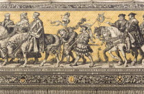 GERMANY, Saxony, Dresden, Furstenzug or Procession of the Dukes in Auguststrasse a mural on 25,000 Meissen tiles that depicts 35 noblemen from the 12th century Konrad the Great, to Friedrich August II...