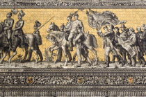 GERMANY, Saxony, Dresden, Furstenzug or Procession of the Dukes in Auguststrasse a mural on 25,000 Meissen tiles that depicts 35 noblemen from the 12th century Konrad the Great, to Friedrich August II...