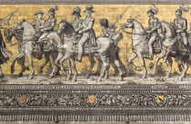 GERMANY, Saxony, Dresden, Furstenzug or Procession of the Dukes in Auguststrasse a mural on 25,000 Meissen tiles that depicts 35 noblemen from the 12th century Konrad the Great, to Friedrich August II...