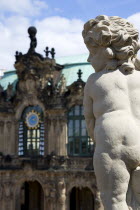 GERMANY, Saxony, Dresden, The restored Glockenspiel Pavilion of the Baroque Zwinger Palace gardens seen from the statue lined Rampart originally built between 1710 and 1732 after a design by Matthus...