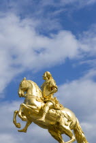 GERMANY, Saxony, Dresden, The 1734 gilded statue by Ludwig Wiedemann known as Goldener Reiter an equestrian statue of the Saxon Elector and Polish king August the Strong in Neustadter market.
