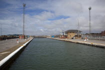 England, West Sussex, Shoreham -by-Sea, Harbour entrance water filled lock.