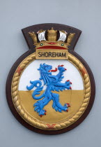 Signs, Military, Naval, Royal Navy, HMS Shoreham emblem on board the mine sweeper.