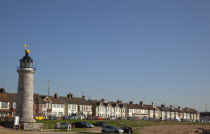 England, West, Sussex, Shoreham-by-Sea, Kingston Beach, Lighthouse and residential housing along Brighton Road.