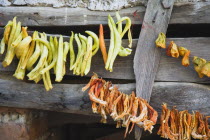 Turkey, Aydin Province, Sirince, Strings of chilies hanging up to dry in late afternoon summer sunshine against wooden door frame of building in the old town.   