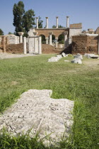 Turkey, Izmir Province, Selcuk, Partially reconstructed wall of the 6th century Basilica of St. John the Apostle with masonry pieces in foreground.