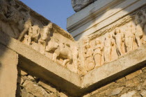 Turkey, Izmir Province, Selcuk, Ephesus, Detail of carved wall frieze in ancient ruined city of Ephesus on the Aegean sea coast.