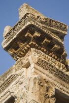 Turkey, Izmir Province, Selcuk, Ephesus, Detail of highly carved stonework in ancient ruined city of Ephesus on the Aegean sea coast.