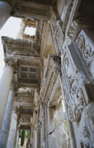 Turkey, Izmir Province, Selcuk, Ephesus, Detail of highly carved walls and ceiling of building in ancient city of Ephesus on the Aegean sea coast.