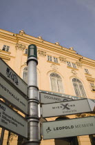 Austria, Vienna, Tourist signpost at MUMOK, the Museum Moderner Kunst or Museum of Modern Art  located in the Museumsquartier in Vienna.