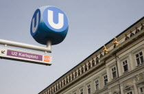 Austria, Vienna, Neubau District, The Vienna U Bahn sign for the Untergrundbahn or underground railway. White letter U on circular blue background. 