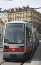 Austria, Vienna, Neubau District, The latest model of Wiener Linien tram at the Volkstheater.