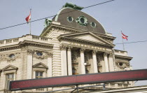 Austria, Vienna, Neubau District, Digital ticker sign outside, the Volkstheater exterior facade and entrance.