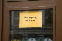 Austria, Vienna, Neubau District, No Access sign on restaurant door in German, Durchgang Verboten.