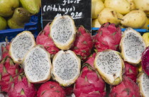 Austria, Vienna, The Naschmarkt, Exotic fruit for sale on market stall. Genus Hylocereus, sweet pitayas, commonly known as dragon fruit. 