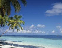 Maldives, Deserted beach with tourists on catamaran boat in the Indian Ocean.