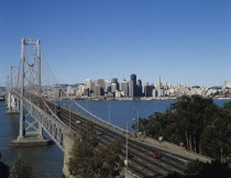 USA, California, San Francisco, Bay Bridge and city skyline beyond.