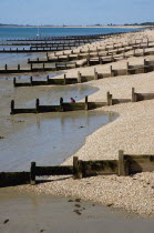 England, West Sussex, Bognor Regis, Wooden groynes at low tide used as sea defences against erosion of the shingle pebble beach.