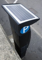 Transport, Road, Parking, Solar panel powered Pay & Display parking meter on the sidewalk pavement for on street parking in Bognor Regis.
