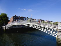 Ireland, County Dublin, Dublin City, The 1816 cast iron Ha Penny or Half Penny Bridge across the River Liffey.