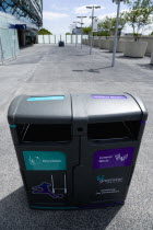 Ireland, County Dublin, Dublin City, Ballsbridge, Lansdowne Road, Aviva Stadium recycling waste containers outside the building.