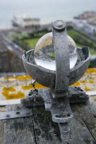 Climate, Weather, Measurements, CampbellStokes sunshine recorder or Stokes sphere on the top of the tallest building in Bognor Regis used by weather observers to monitor the hours of sunshine.