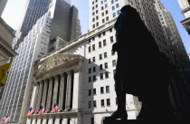 USA, New York, Manhattan, The New York Stock Exchange building in Broad Street beside Wall Street showing the main facade of the building featuring marble sculpture by John Quincy Adams Ward in the pe...