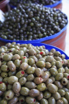 Albania, Tirane, Tirana, Display of black, and stuffed green olives for sale in Avni Rustemi Market.