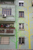 Albania, Tirane, Tirana, Part view of exterior facade of apartment block painted with tree forms in green and yellow, with washing hanging on balcony crowded with pot plants.