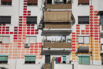 Albania, Tirane, Tirana, Detail of exterior facade of apartment block with pattern painted on walls.