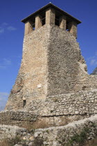 Albania, Kruja, Exterior of stone watch tower at Kruja Castle.