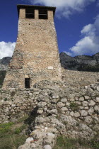 Albania, Kruja. Exterior of stone watch tower at Kruja Castle.