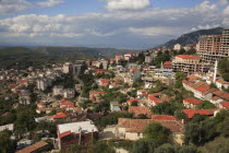 Albania, Kruja. Panoramic view over the town and surrounding landscape.