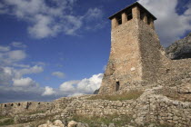 Albania, Kruja. Exterior of stone watch tower at Kruja Castle.