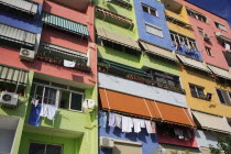 Albania, Tirane, Tirana, Multi coloured apartment block.