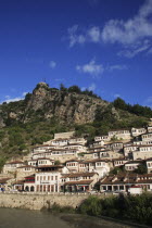Albania, Berat, Traditional Ottoman buildings and river Osum.
