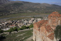 Albania, Berat, St Triada Church and view over the town and river Osun.