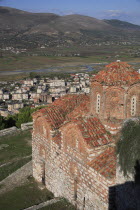 Albania, Berat, St Triada Church and view over the town and river Osun.