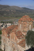 Albania, Berat, St Triada Church and view over the town and river Osun.