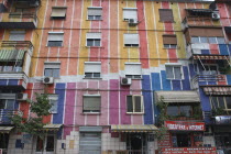 Albania, Tirane, Tirana, Colourful apartment building.