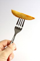 Food, Cooked, Potato, Deep Fried chip on a fork