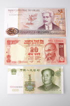 Banking, Finance, Money, A Chinese Indian and Brazilian bank note.
