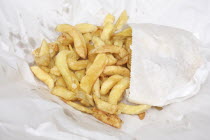 Food, Fried, Potato, chip shop chips in their paper wrapping.