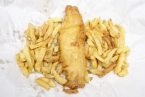 Food Cooked, Potato, Cod, chip shop deep fried fish and chips in their paper wrapping.