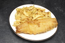 Food, Cooked, Potato, Cod, Fish and chips from a chip shop on a plate.