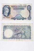 Banking, Finance, Money, The front and back of a very old English five pound note.