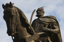Albania, Tirane, Tirana, Part view of equestrian statue of George Castriot Skanderbeg, the national hero of Albania.